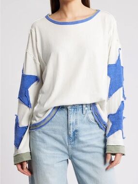 NWT Free People You’re A Star Tee Pullover Top - White & Blue